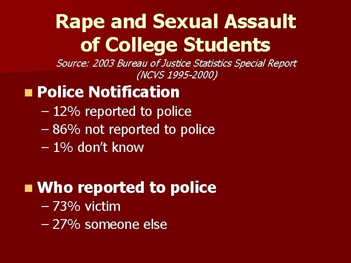 Rape and Sexual Assault of College Students Source: 2003 Bureau of Justice Statistics Special