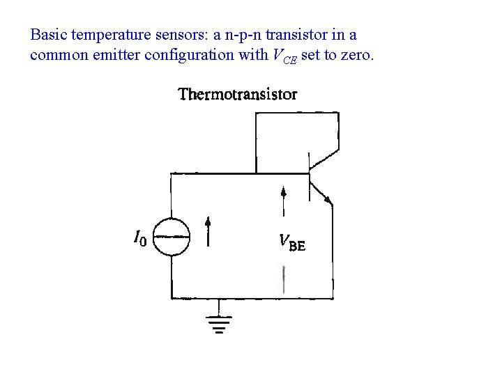 Basic temperature sensors: a n-p-n transistor in a common emitter configuration with VCE set Basic temperature sensors: a n-p-n transistor in a common emitter configuration with VCE set