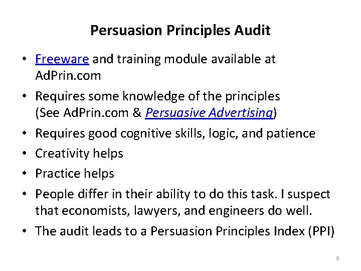 Persuasion Principles Audit • Freeware and training module available at Ad. Prin. com •