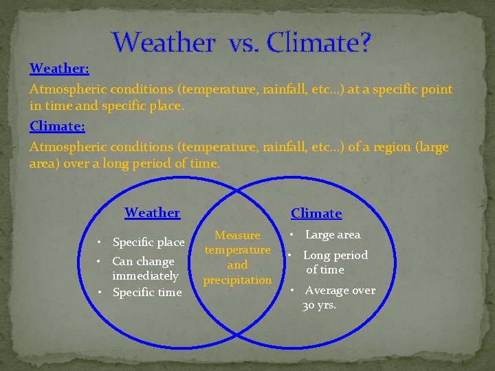 Weather vs. Climate? Weather: Atmospheric conditions (temperature, rainfall, etc…) at a specific point in