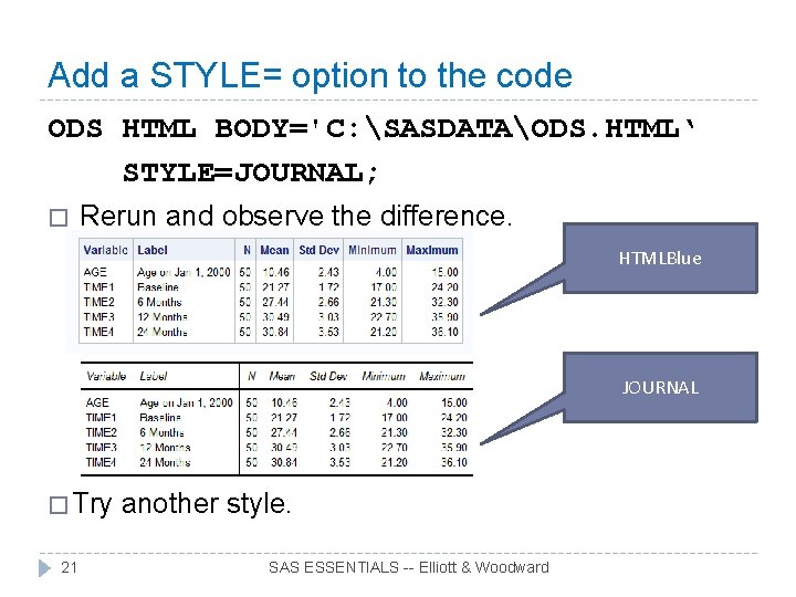 Add a STYLE= option to the code ODS HTML BODY='C: SASDATAODS. HTML‘ STYLE=JOURNAL; �