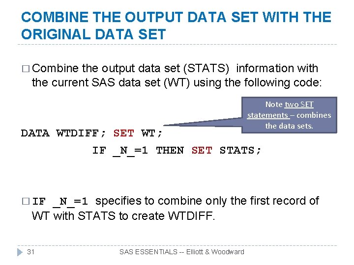 COMBINE THE OUTPUT DATA SET WITH THE ORIGINAL DATA SET � Combine the output