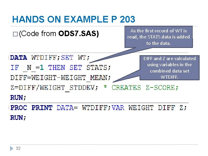 HANDS ON EXAMPLE P 203 � (Code from ODS 7. SAS) As the first
