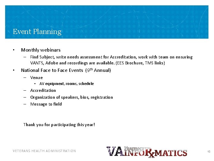 Event Planning • Monthly webinars – Find Subject, write needs assessment for Accreditation, work Event Planning • Monthly webinars – Find Subject, write needs assessment for Accreditation, work