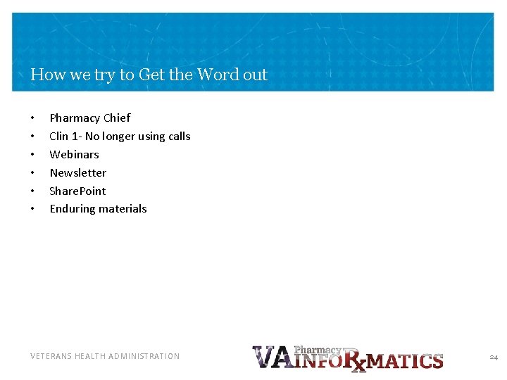 How we try to Get the Word out • • • Pharmacy Chief Clin How we try to Get the Word out • • • Pharmacy Chief Clin