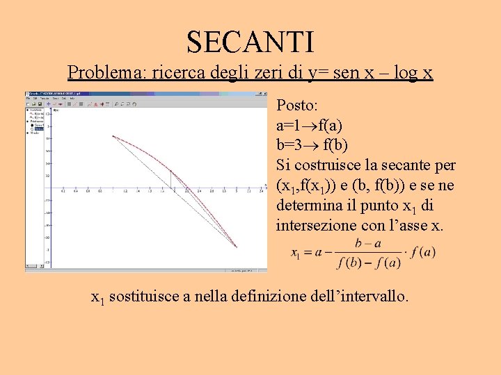 SECANTI Problema: ricerca degli zeri di y= sen x – log x Posto: a=1