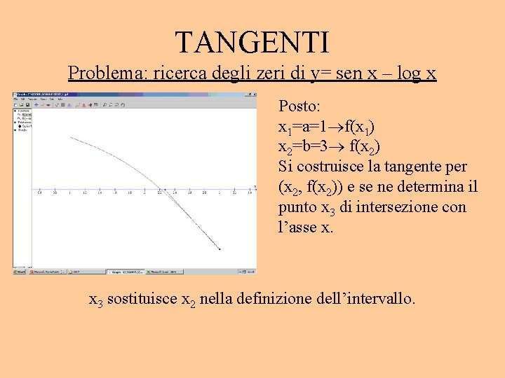 TANGENTI Problema: ricerca degli zeri di y= sen x – log x Posto: x