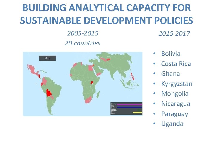 BUILDING ANALYTICAL CAPACITY FOR SUSTAINABLE DEVELOPMENT POLICIES 2005 -2015 20 countries 2015 -2017 •