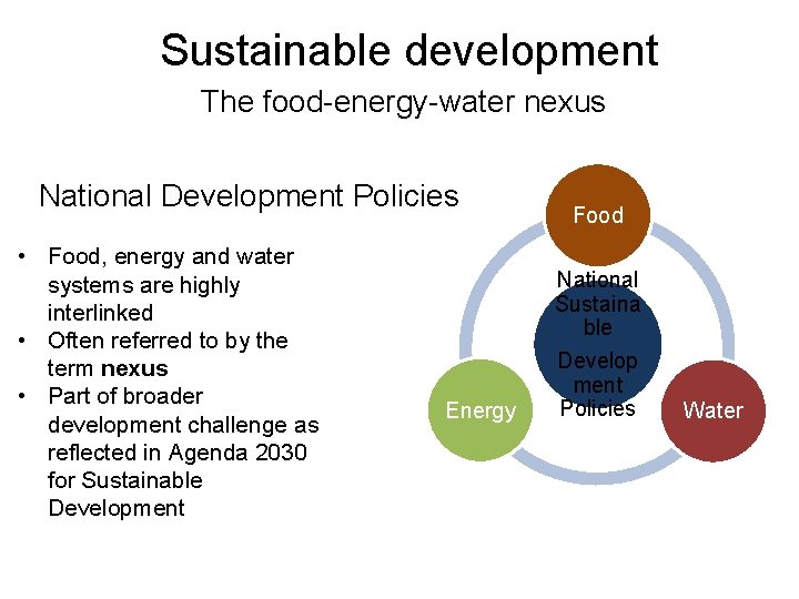 Sustainable development The food-energy-water nexus National Development Policies • Food, energy and water systems