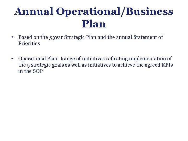 Annual Operational/Business Plan • Based on the 5 year Strategic Plan and the annual Annual Operational/Business Plan • Based on the 5 year Strategic Plan and the annual