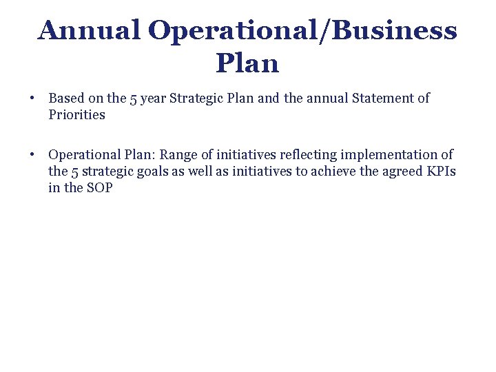 Annual Operational/Business Plan • Based on the 5 year Strategic Plan and the annual