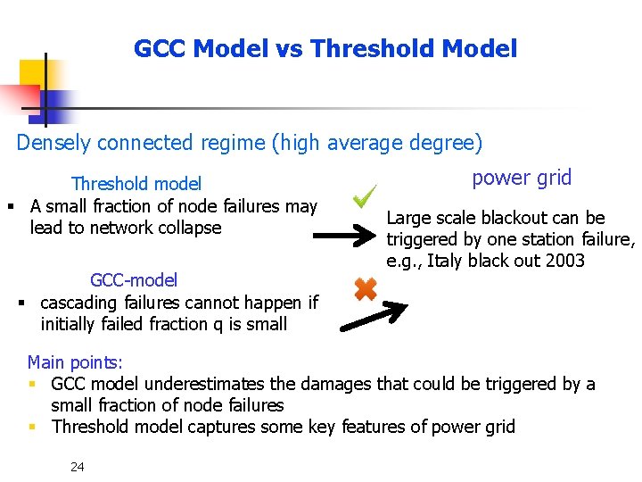 GCC Model vs Threshold Model Densely connected regime (high average degree) Threshold model §