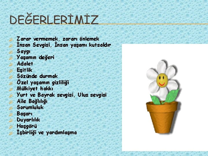 DEĞERLERİMİZ Zarar vermemek, zararı önlemek İnsan Sevgisi, İnsan yaşamı kutsaldır Saygı Yaşamın değeri Adalet