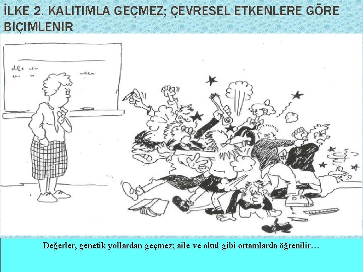 İLKE 2. KALITIMLA GEÇMEZ; ÇEVRESEL ETKENLERE GÖRE BIÇIMLENIR Değerler, genetik yollardan geçmez; aile ve