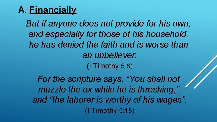 A. Financially But if anyone does not provide for his own, and especially for A. Financially But if anyone does not provide for his own, and especially for