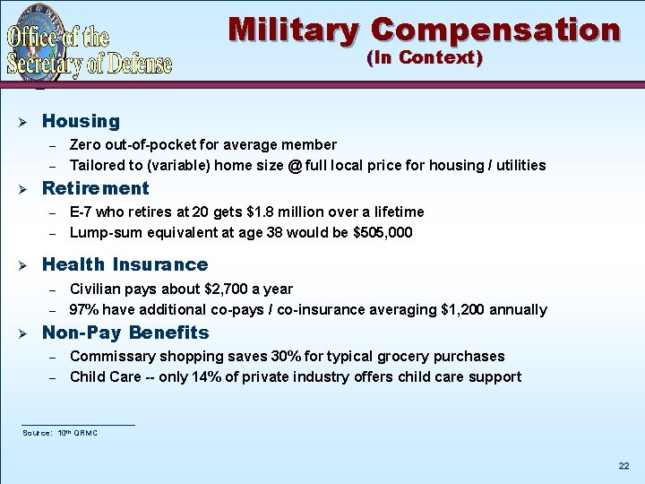 Military Compensation (In Context) Ø Housing – – Ø Retirement – – Ø E-7