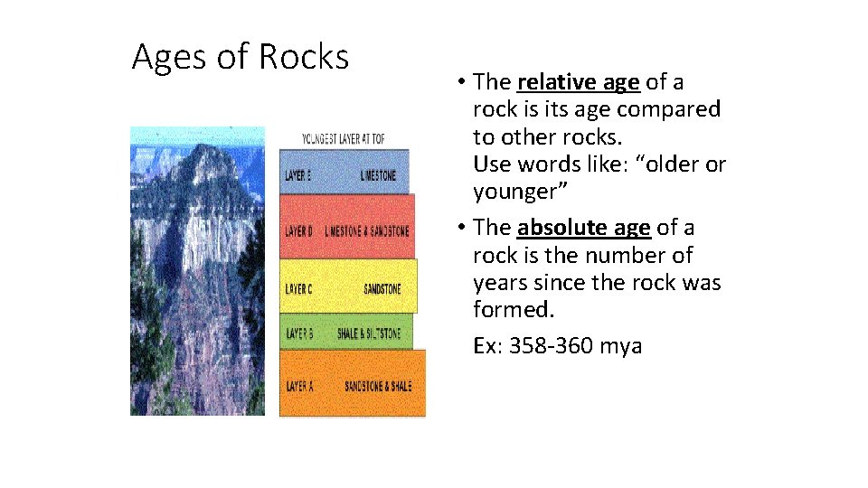 Ages of Rocks • The relative age of a rock is its age compared