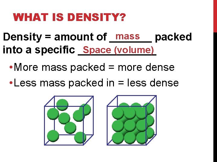 WHAT IS DENSITY? mass Density = amount of _______ packed Space (volume) into a