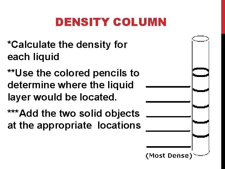 DENSITY COLUMN *Calculate the density for each liquid **Use the colored pencils to determine