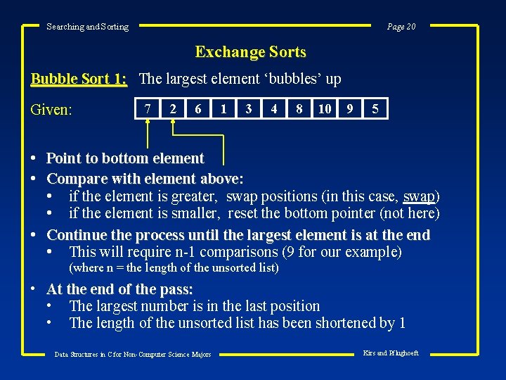 Searching and Sorting Page 20 Exchange Sorts Bubble Sort 1: The largest element ‘bubbles’