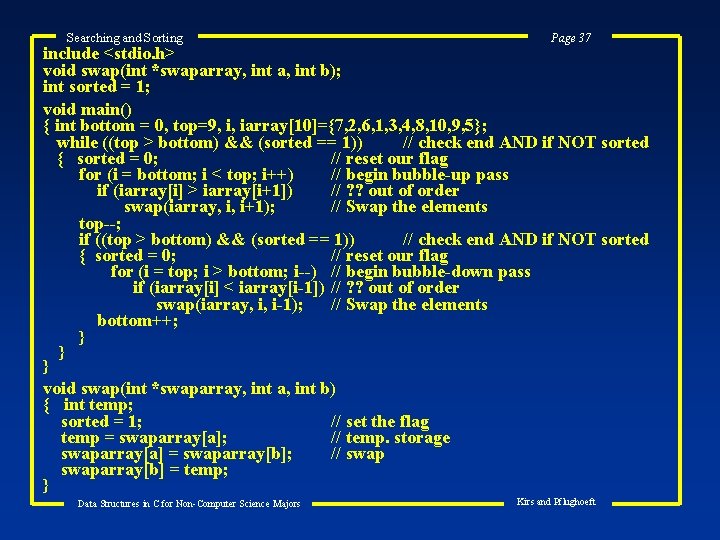 Searching and Sorting Page 37 include <stdio. h> void swap(int *swaparray, int a, int