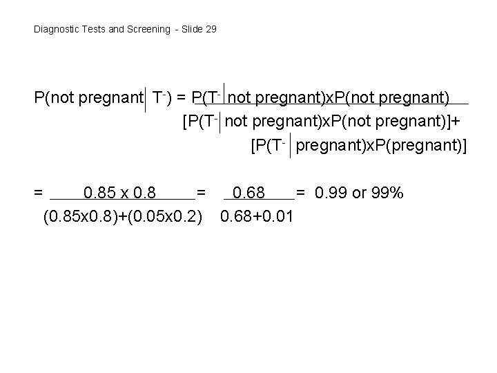 Diagnostic Tests and Screening - Slide 29 P(not pregnant T-) = P(T- not pregnant)x.