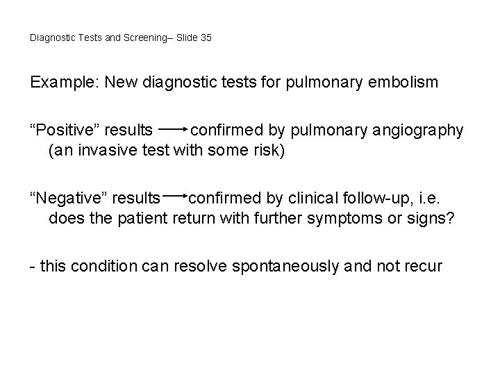 Diagnostic Tests and Screening-- Slide 35 Example: New diagnostic tests for pulmonary embolism “Positive”