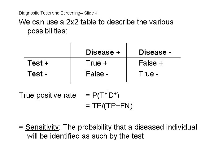 Diagnostic Tests and Screening-- Slide 4 We can use a 2 x 2 table