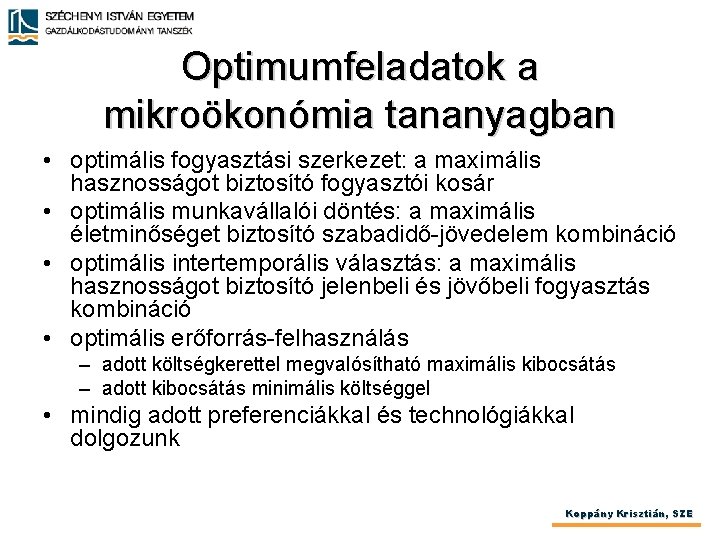 Optimumfeladatok a mikroökonómia tananyagban • optimális fogyasztási szerkezet: a maximális hasznosságot biztosító fogyasztói kosár