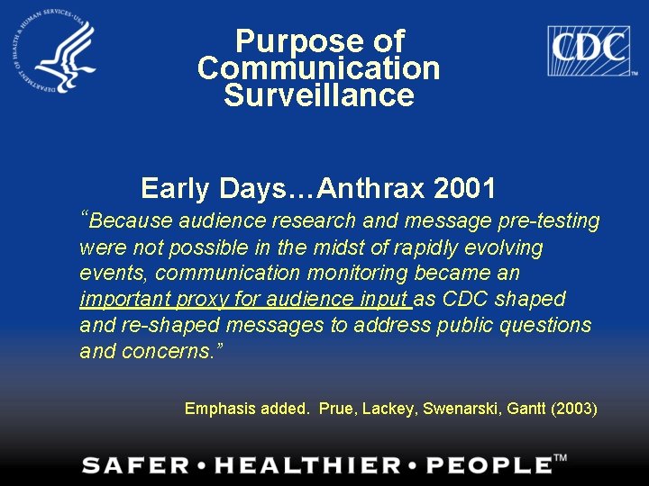 Purpose of Communication Surveillance Early Days…Anthrax 2001 “Because audience research and message pre-testing were