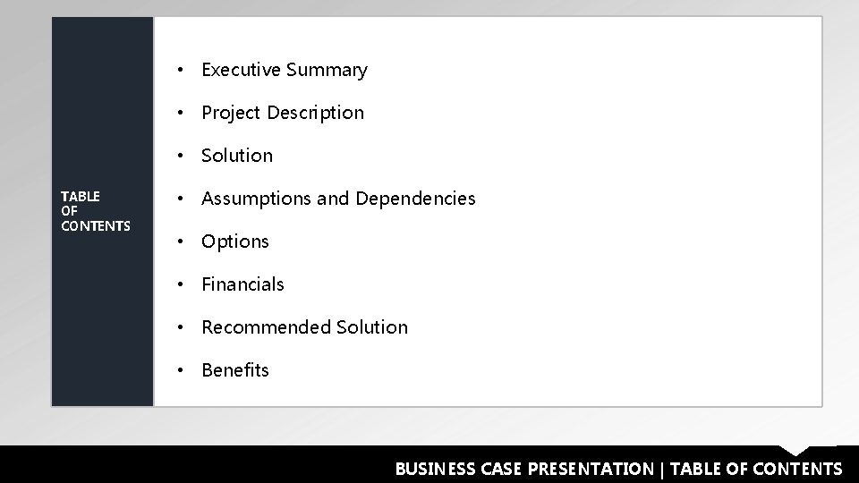  • Executive Summary • Project Description • Solution TABLE OF CONTENTS • Assumptions