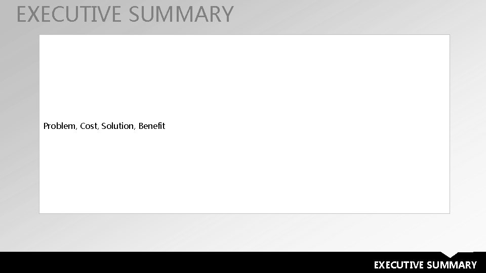 EXECUTIVE SUMMARY Problem, Cost, Solution, Benefit EXECUTIVE SUMMARY 
