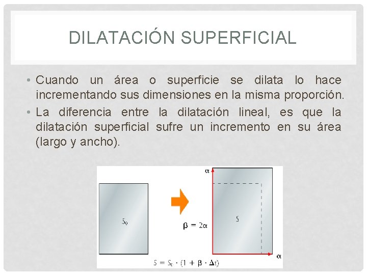 DILATACIÓN SUPERFICIAL • Cuando un área o superficie se dilata lo hace incrementando sus