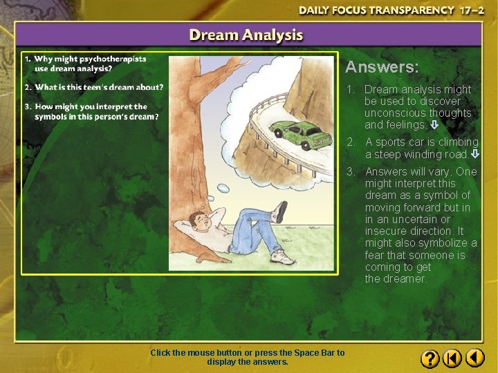 Answers: 1. Dream analysis might be used to discover unconscious thoughts and feelings. 2.