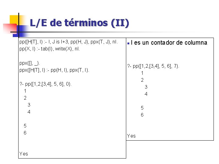 L/E de términos (II) pp([H|T], I) : - !, J is I+3, pp(H, J),