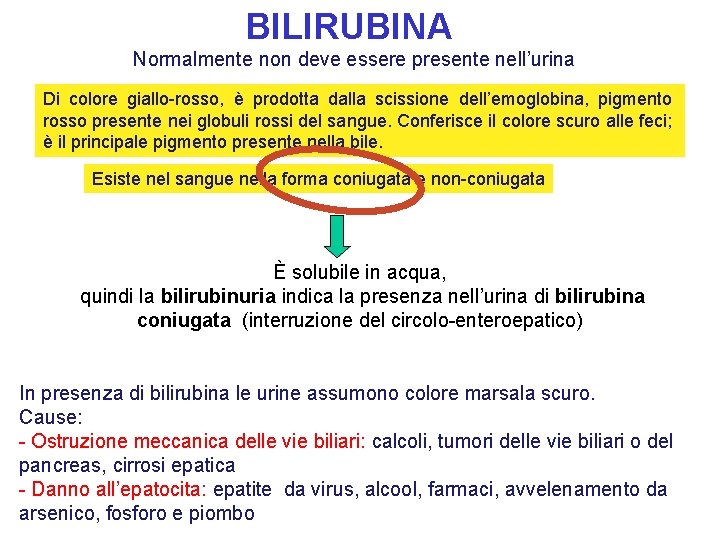 BILIRUBINA Normalmente non deve essere presente nell’urina Di colore giallo-rosso, è prodotta dalla scissione