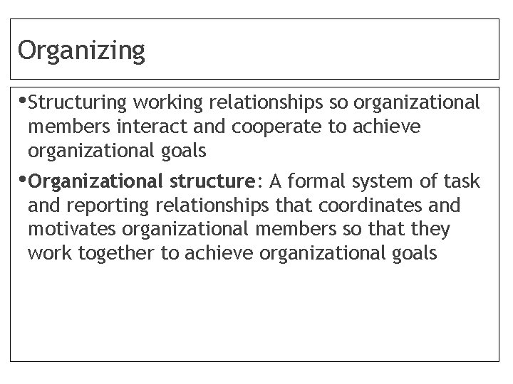 Organizing • Structuring working relationships so organizational members interact and cooperate to achieve organizational