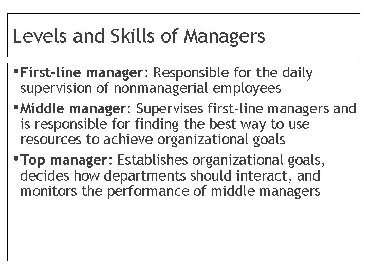 Levels and Skills of Managers • First-line manager: Responsible for the daily supervision of