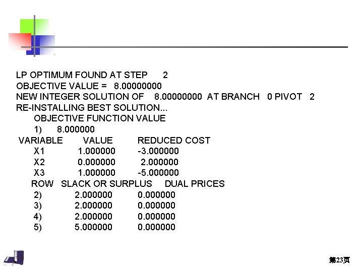 LP OPTIMUM FOUND AT STEP 2 OBJECTIVE VALUE = 8. 0000 NEW INTEGER SOLUTION LP OPTIMUM FOUND AT STEP 2 OBJECTIVE VALUE = 8. 0000 NEW INTEGER SOLUTION