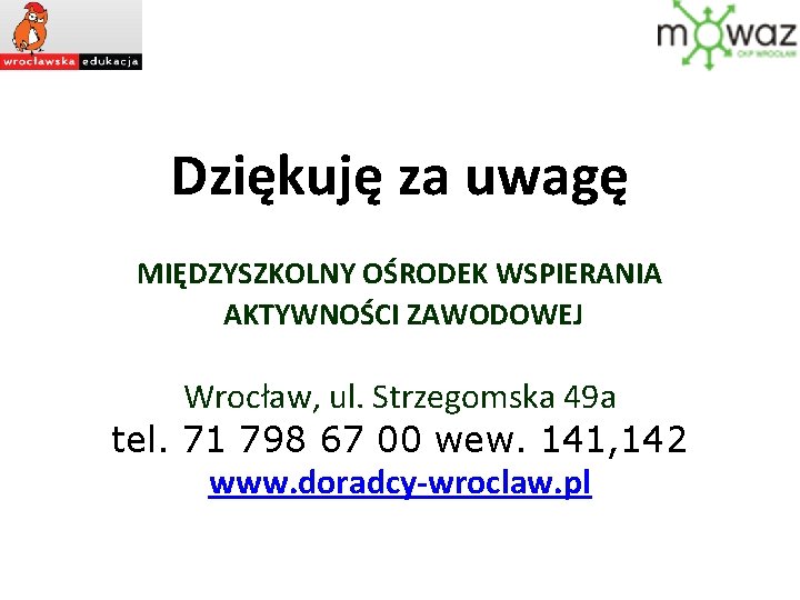 Dziękuję za uwagę MIĘDZYSZKOLNY OŚRODEK WSPIERANIA AKTYWNOŚCI ZAWODOWEJ Wrocław, ul. Strzegomska 49 a tel.