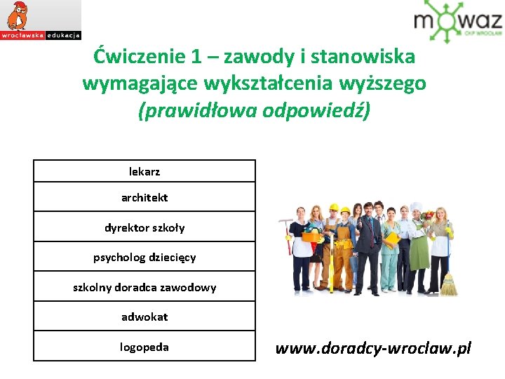 Ćwiczenie 1 – zawody i stanowiska wymagające wykształcenia wyższego (prawidłowa odpowiedź) lekarz architekt dyrektor