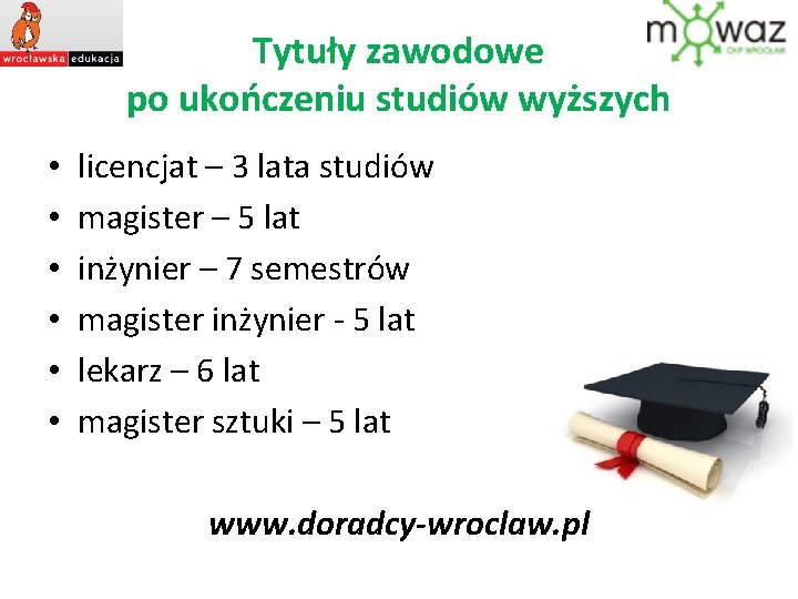 Tytuły zawodowe po ukończeniu studiów wyższych • • • licencjat – 3 lata studiów