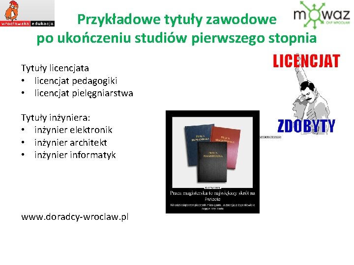 Przykładowe tytuły zawodowe po ukończeniu studiów pierwszego stopnia Tytuły licencjata • licencjat pedagogiki •