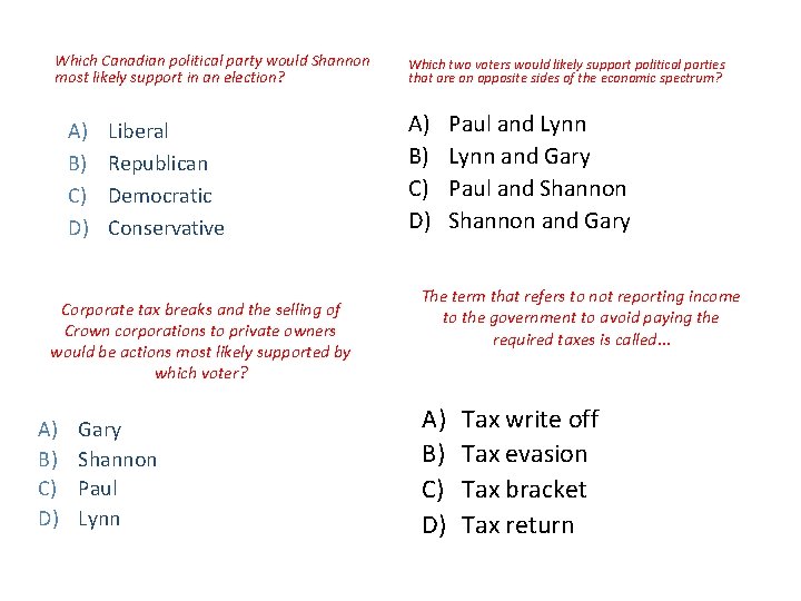 Which Canadian political party would Shannon most likely support in an election? A) B)