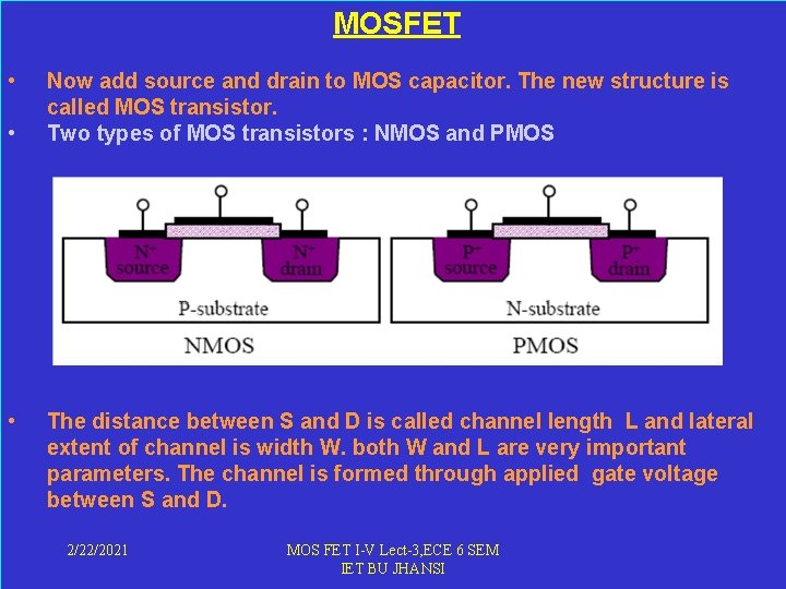  • • • MOSFET Now add source and drain to MOS capacitor. The