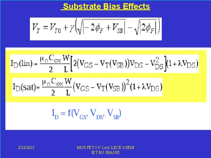  Substrate Bias Effects 2/22/2021 MOS FET I-V Lect-3, ECE 6 SEM IET BU