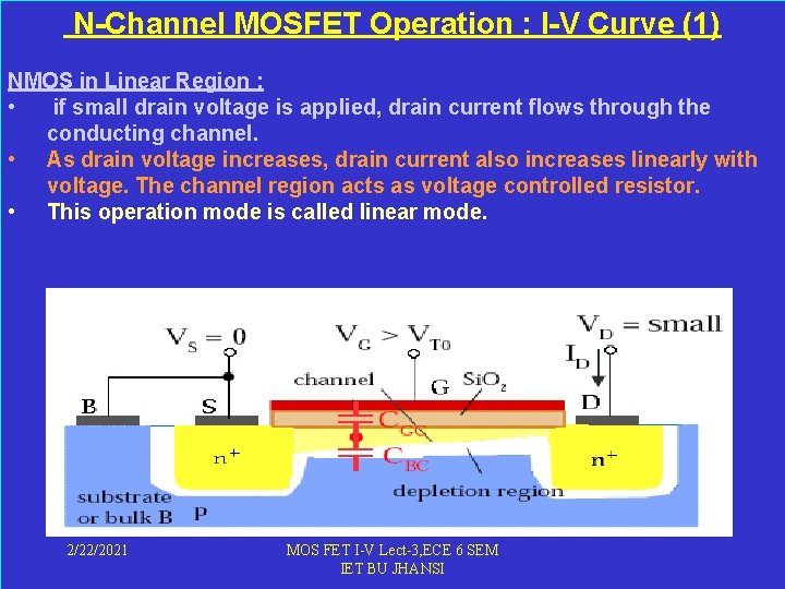  N-Channel MOSFET Operation : I-V Curve (1) NMOS in Linear Region : •