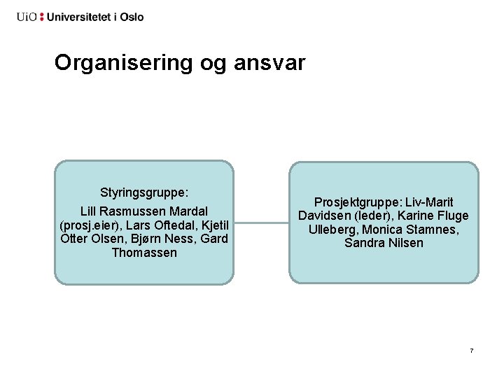 Organisering og ansvar Styringsgruppe: Lill Rasmussen Mardal (prosj. eier), Lars Oftedal, Kjetil Otter Olsen,
