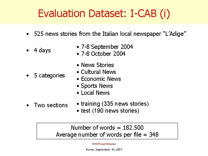 Evaluation Dataset: I-CAB (i) • 525 news stories from the Italian local newspaper “L’Adige”