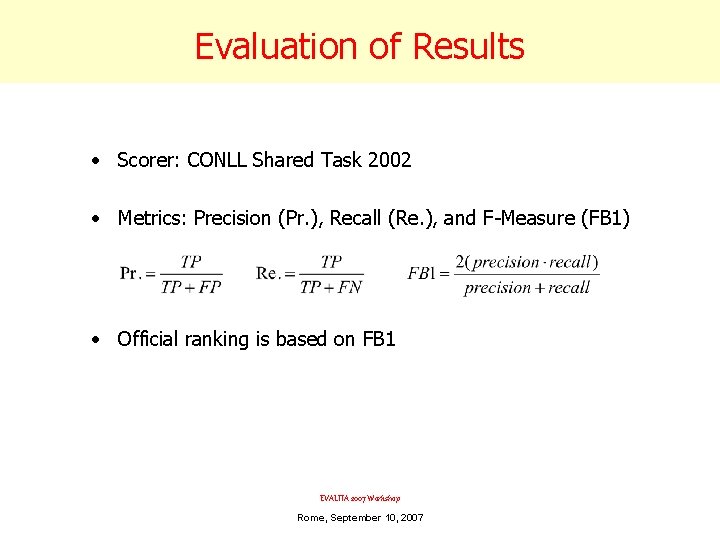 Evaluation of Results • Scorer: CONLL Shared Task 2002 • Metrics: Precision (Pr. ),